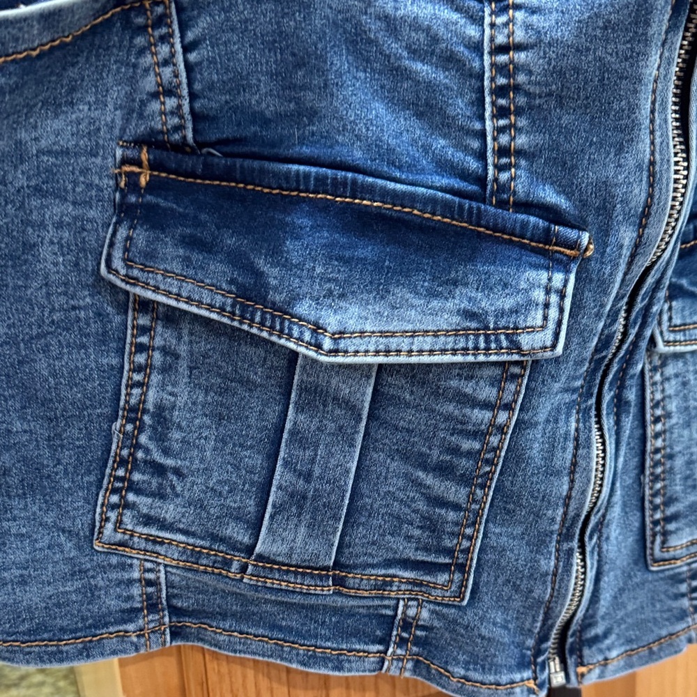 Denim Corset Top Cargo Pocket Zip Front Y2K Festival Crop XL 40” Bust - Picture 4 of 10